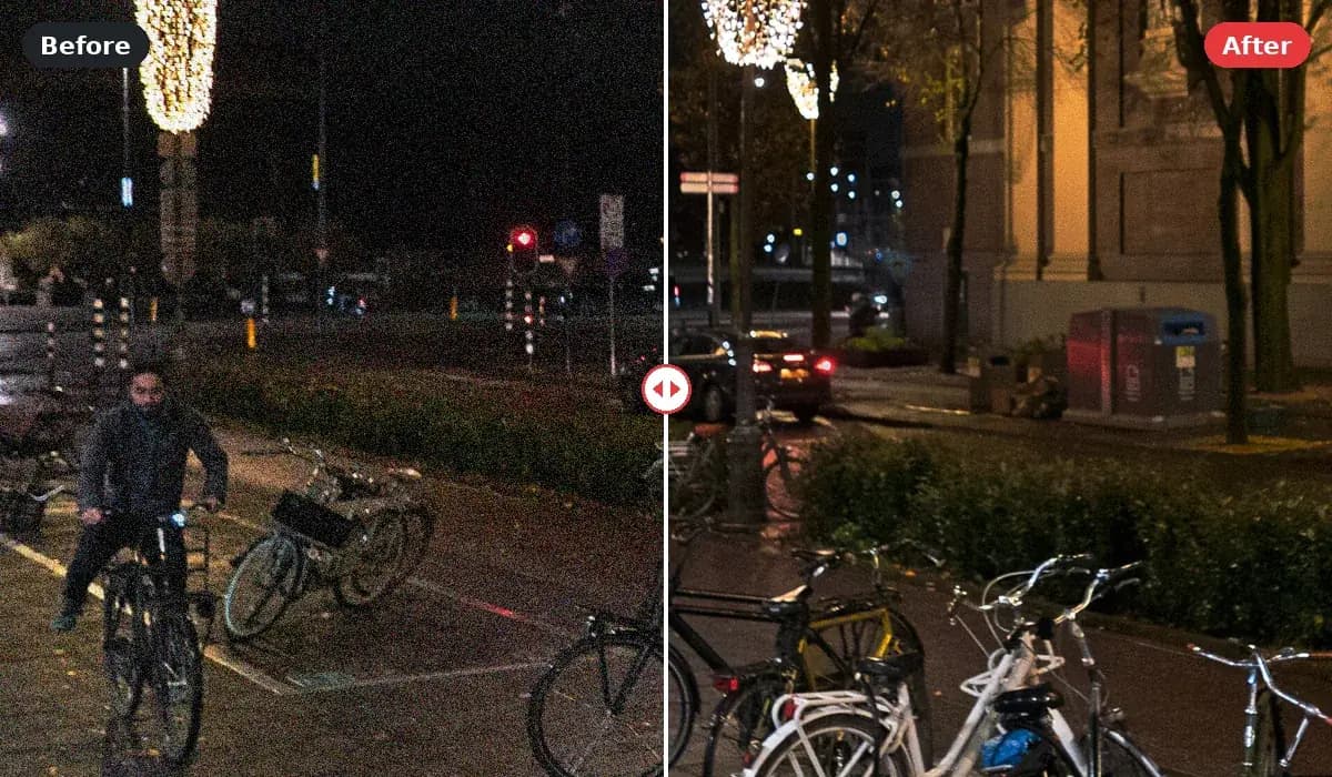Phố Amsterdam về đêm với người đạp xe và xe đạp đỗ: nửa trái sần hạt với nhiễu lấm tấm, nửa phải sạch