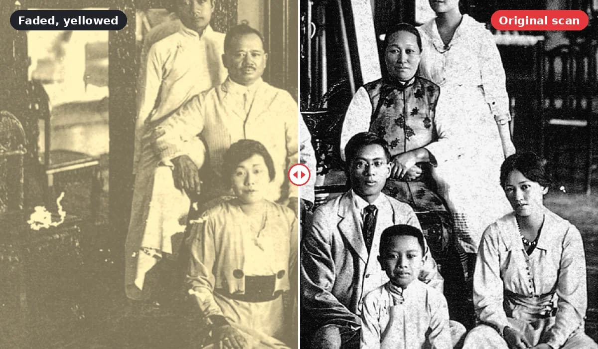 Chân dung gia đình chín người ở Thượng Hải năm 1917: nửa trái phai và ố vàng, nửa phải là bản quét đen trắng sạch