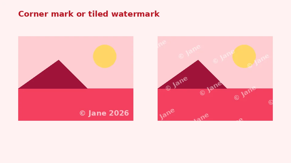 Diagram of a photo with a semi-transparent text watermark in the corner and a tiled logo version