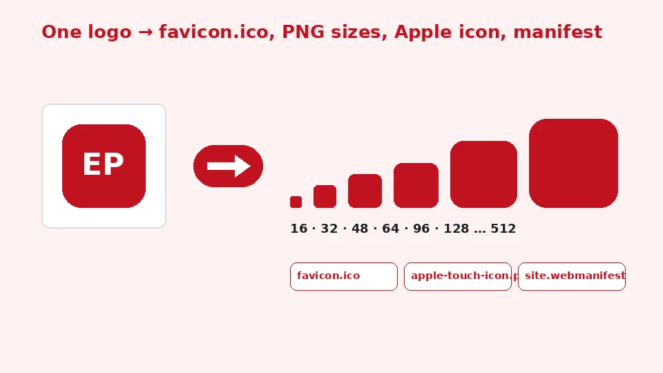 로고가 favicon.ico, 여러 크기의 PNG 아이콘, Apple 터치 아이콘, 매니페스트 파일로 바뀌는 그림