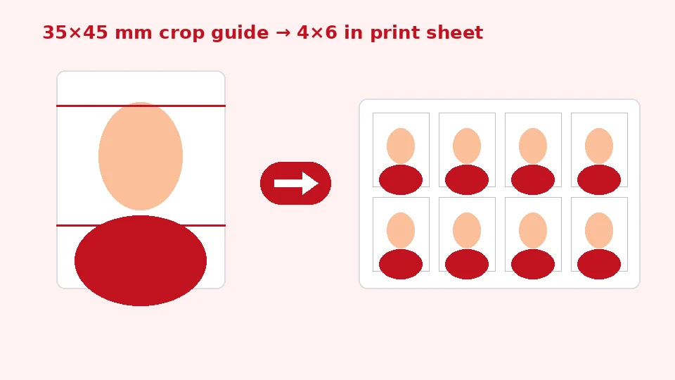 Diagram of a portrait cropped to a 35 by 45 mm passport frame with head guide lines and a 4×6 print sheet